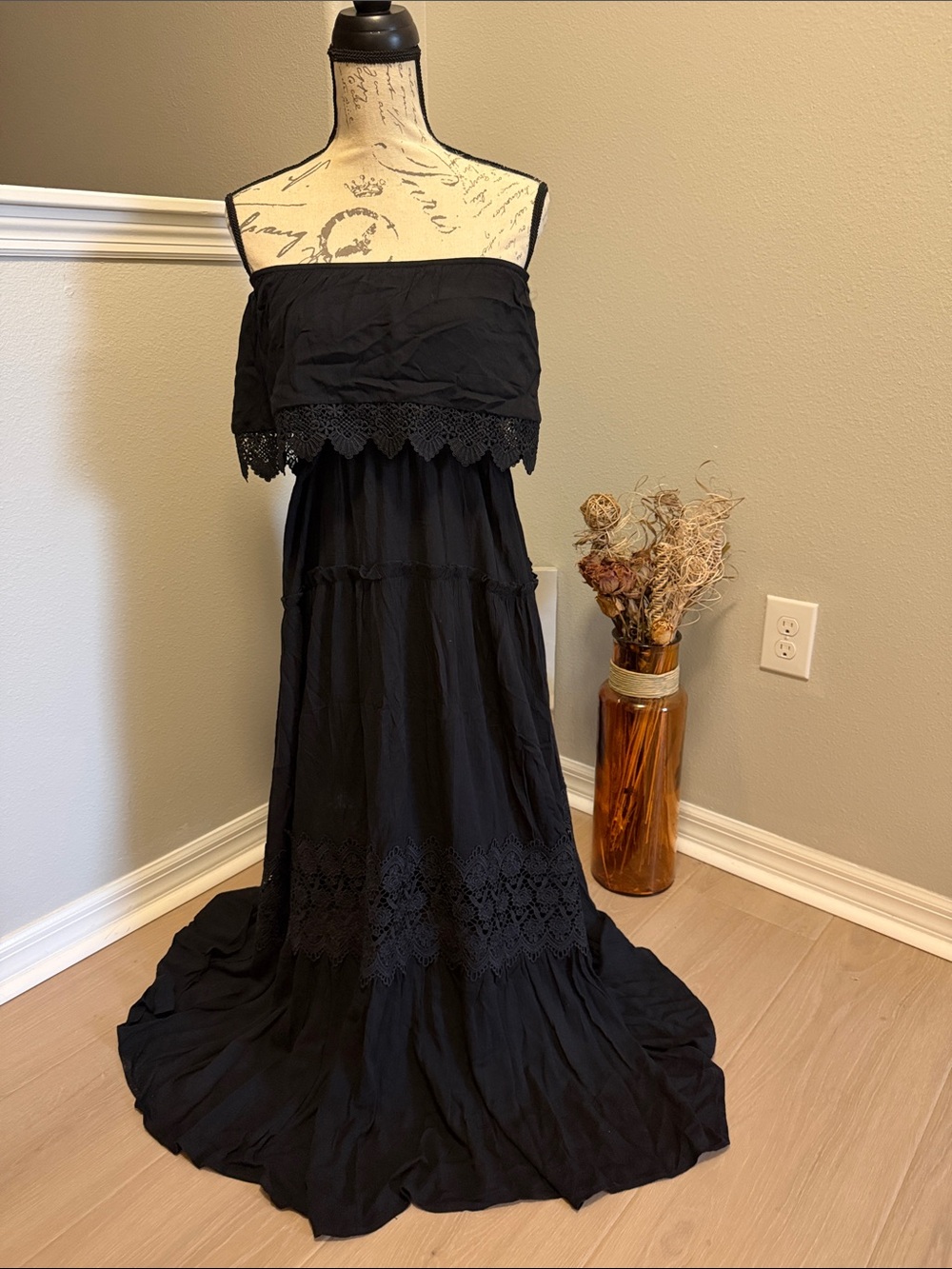 Strapless Black Maxi Dress with Crochet Trim
